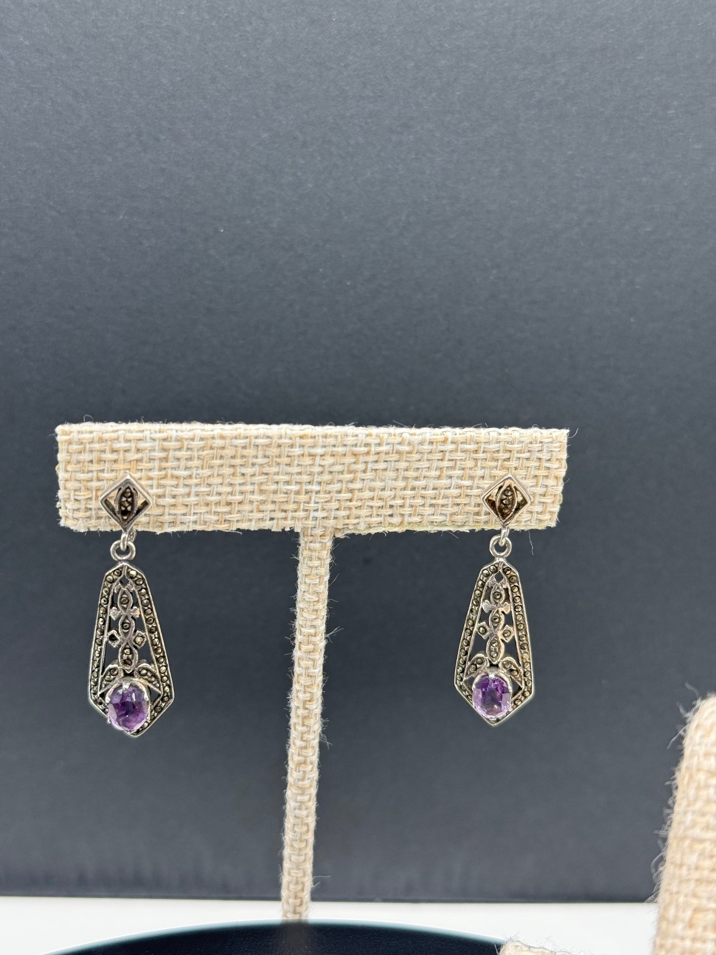 Marcasite and Amethyst 925 Silver Set. Bracelet, Earrings, Ring & Pendant