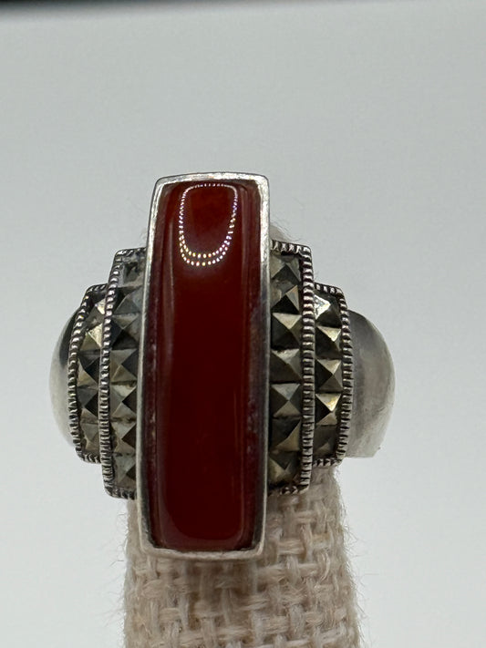 Art Deco Fadi Sterling Silver Ring with Carnelian Stone