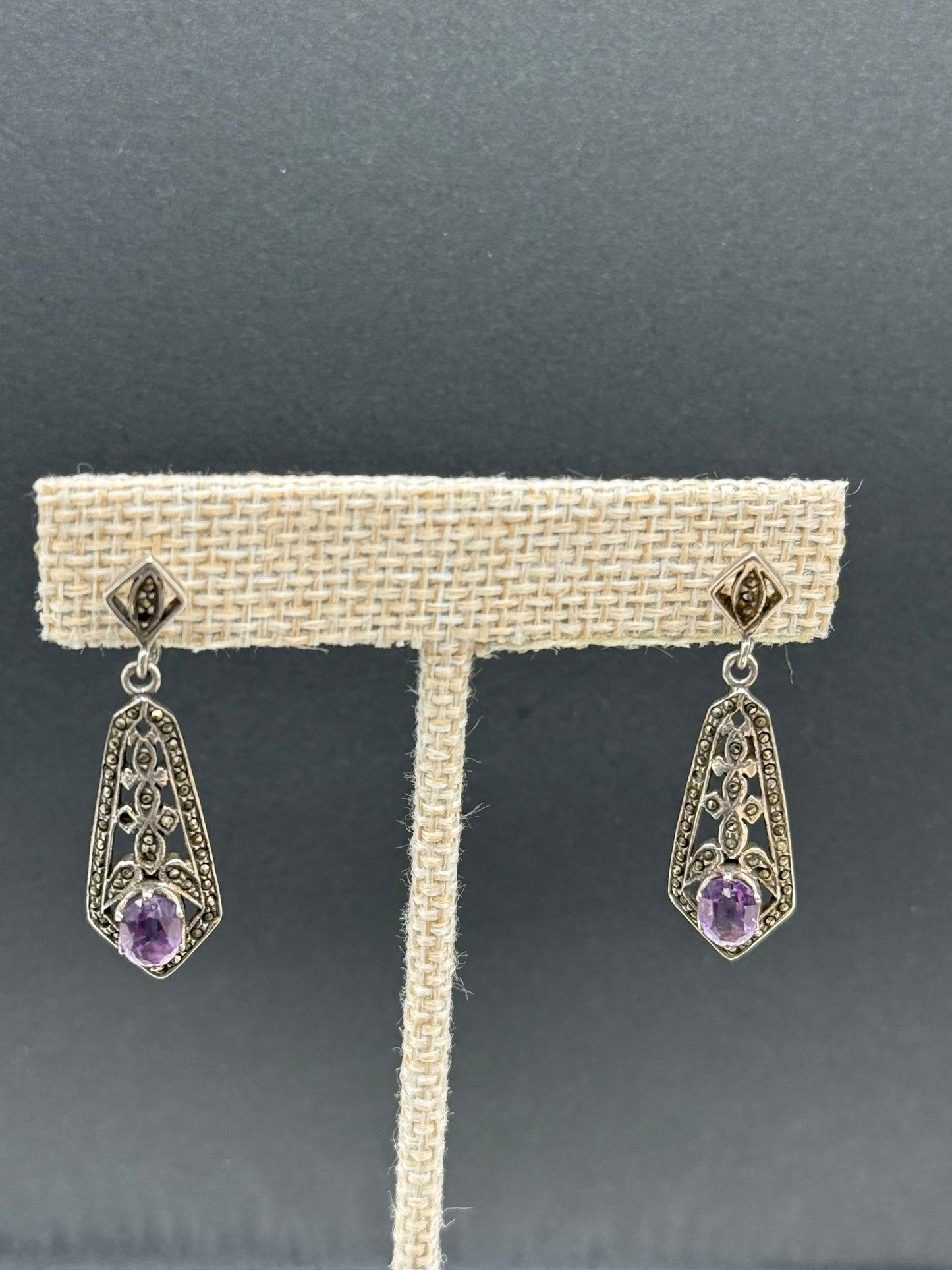 Marcasite and Amethyst 925 Silver Set. Bracelet, Earrings, Ring & Pendant