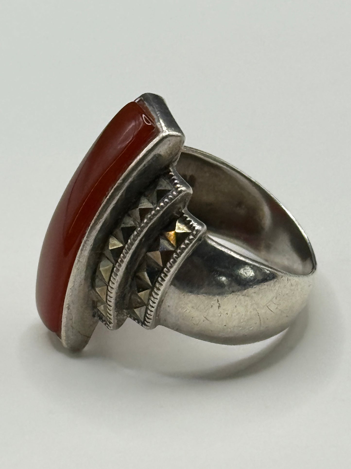 Art Deco Fadi Sterling Silver Ring with Carnelian Stone