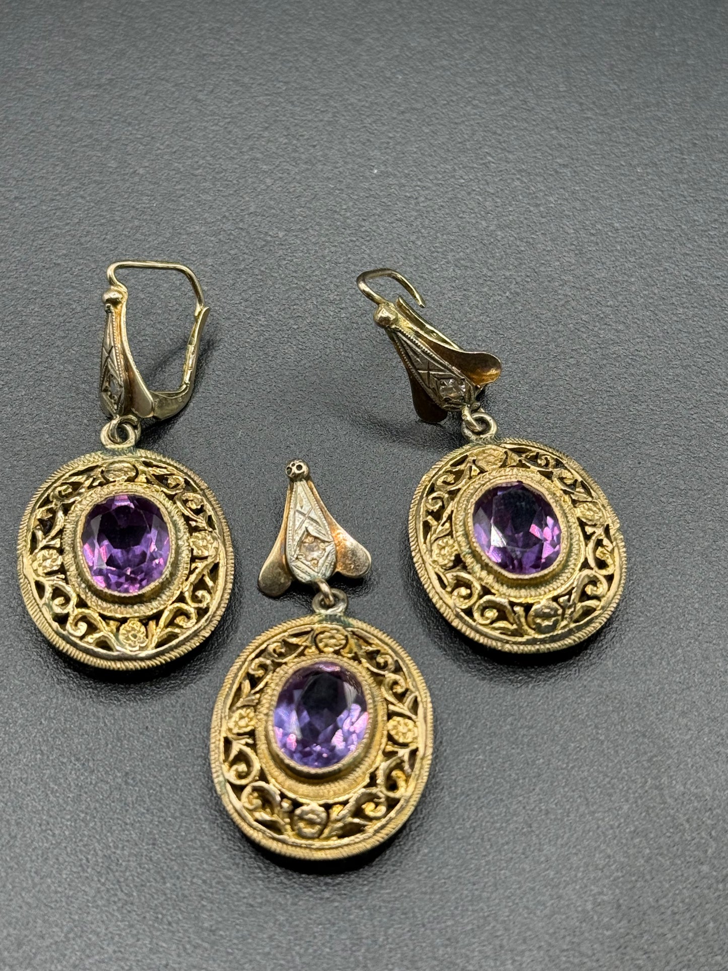 Vintage Amethyst and Gold Earrings/ Pendant Set
