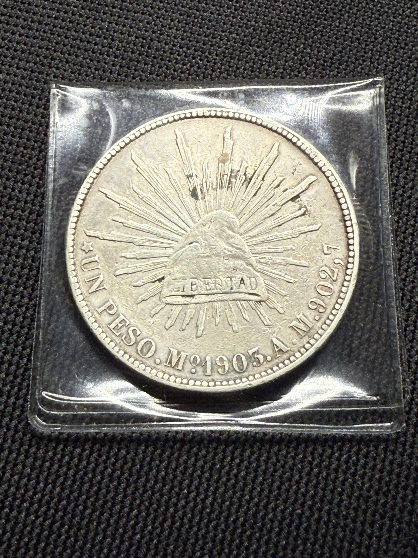 1905 Mexico MO AM 1 Un Silver Peso, Libertad Cap & Rays
