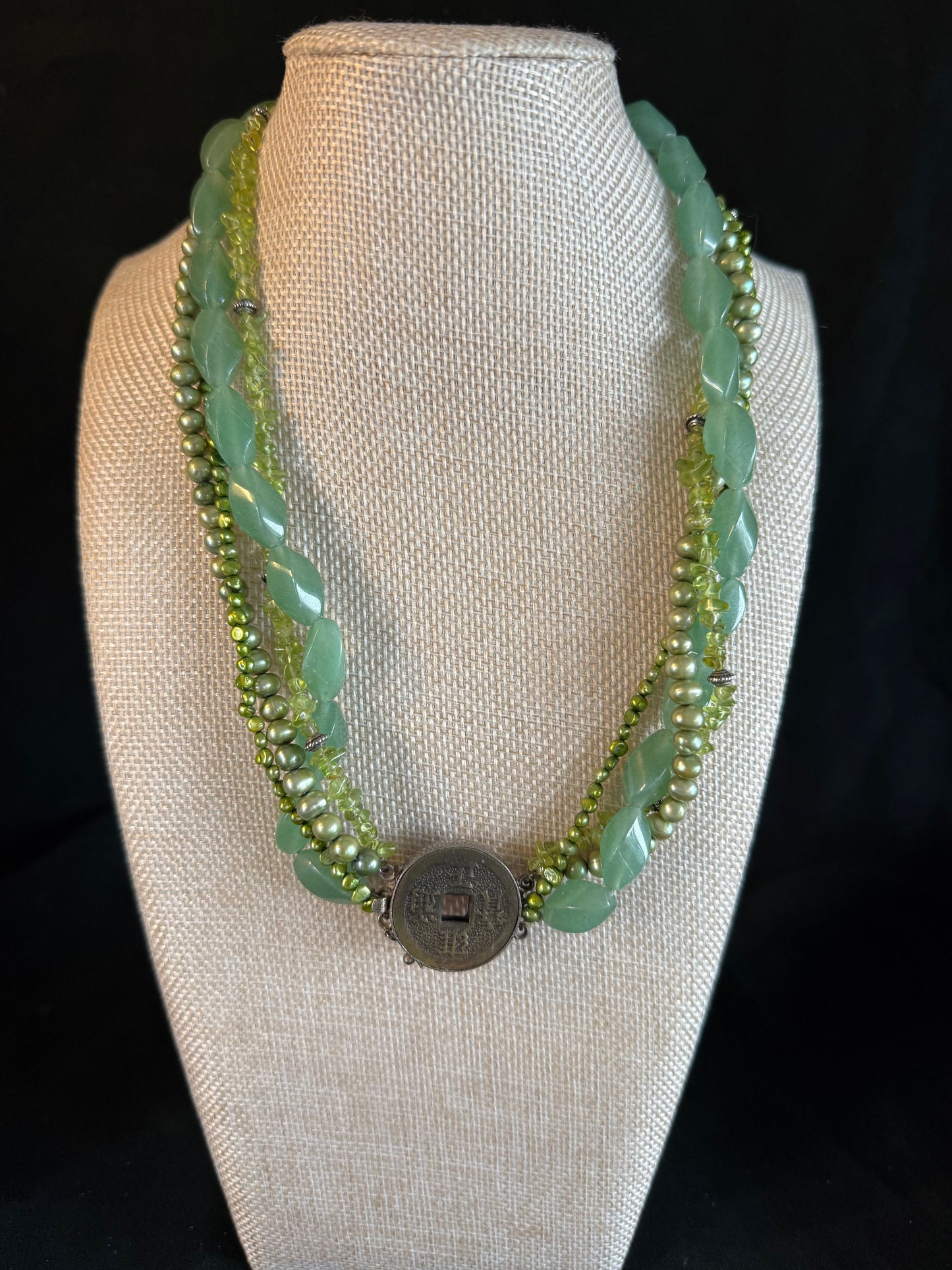 Green Agate, Pearls and Sterling Necklace