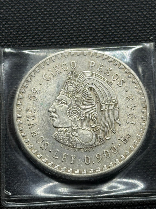 Mexico 5 Pesos 1948 Brilliant Silver Coin -Head with Headdress