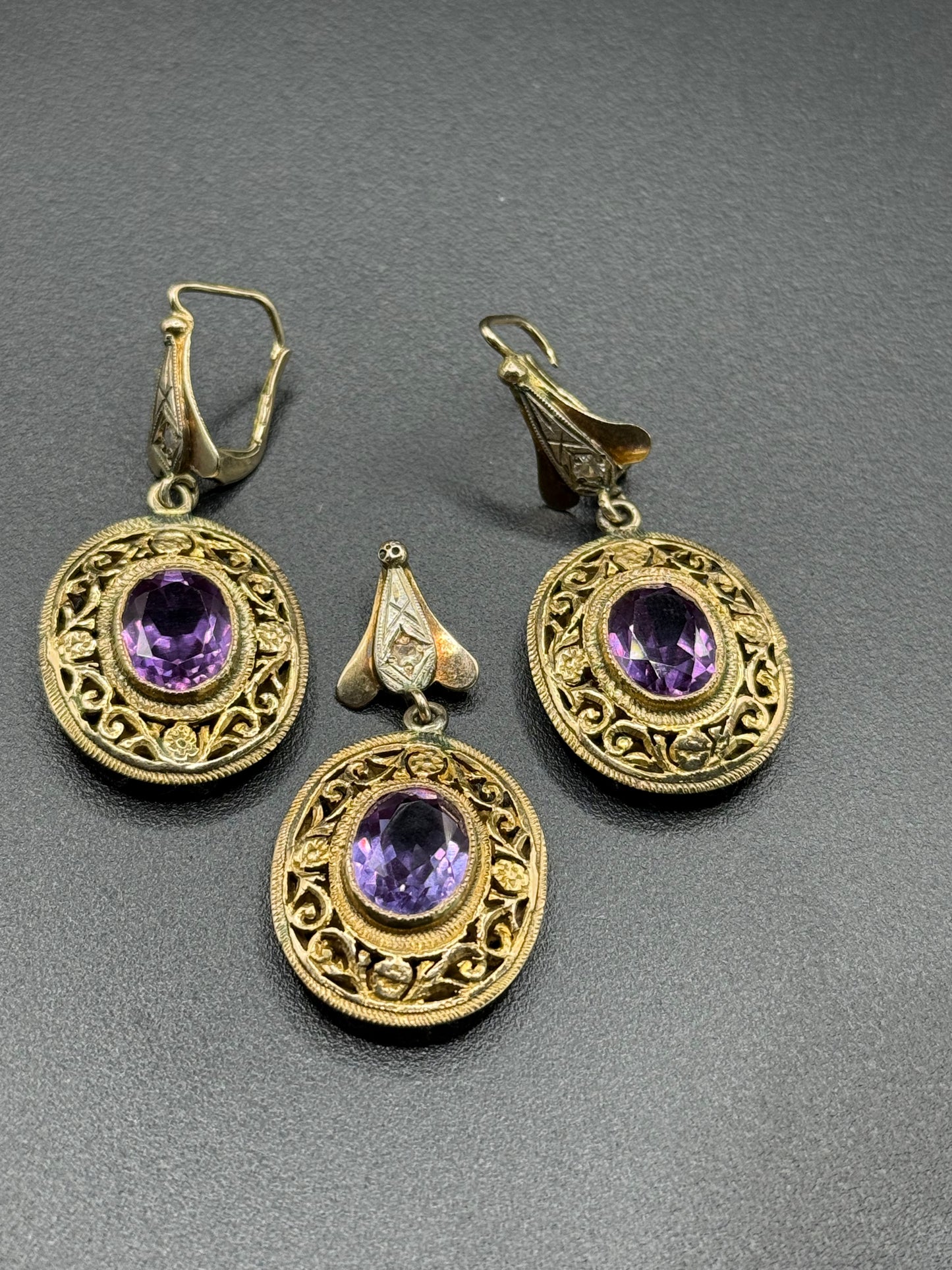 Vintage Amethyst and Gold Earrings/ Pendant Set