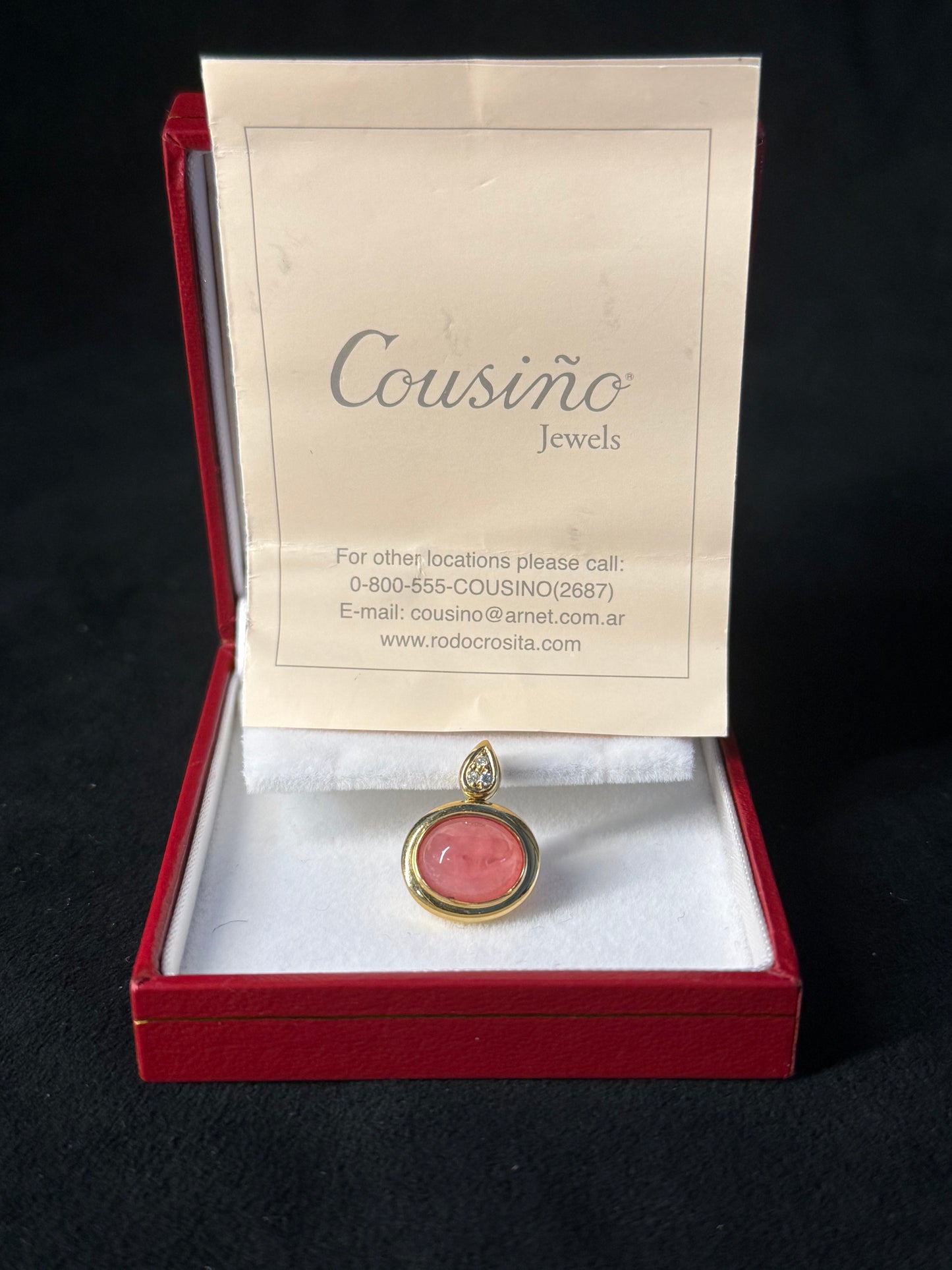 Cousiño Jewels rhodochrosite and diamond pendant in 18k Gold