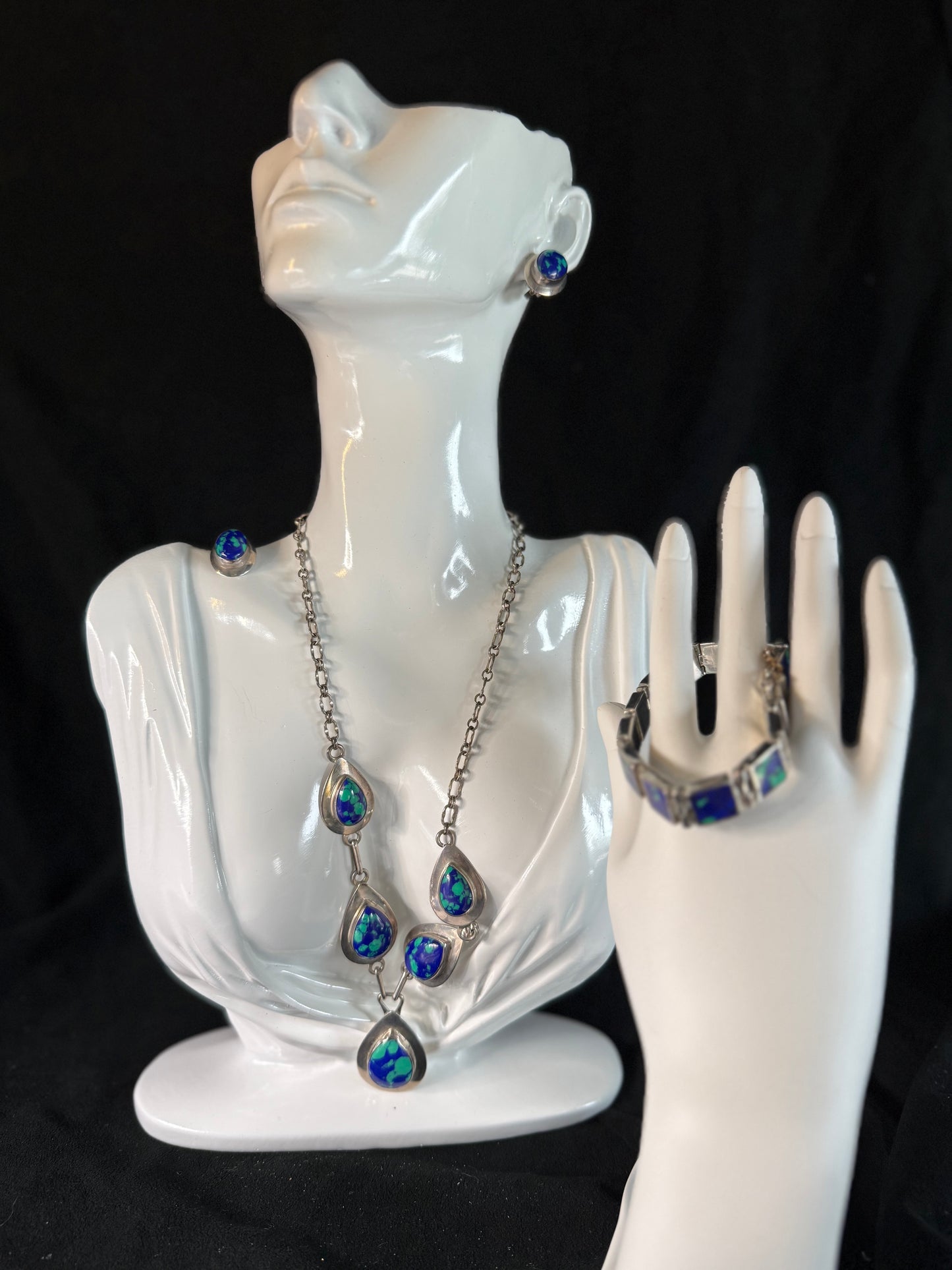 Vintage Azurite Necklace Sterling Silver Blue & Green Stones 18" Long Chain, Bracelet & Earrings