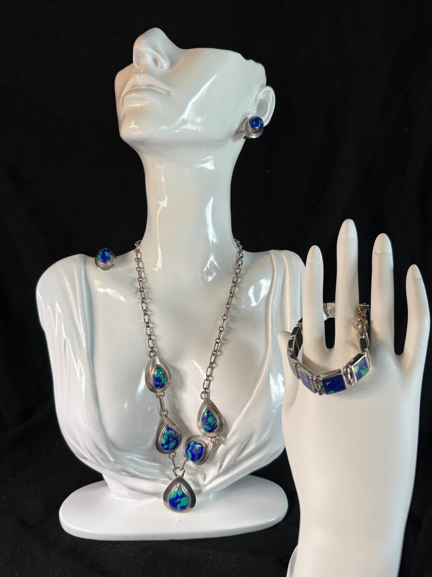 Vintage Azurite Necklace Sterling Silver Blue & Green Stones 18" Long Chain, Bracelet & Earrings