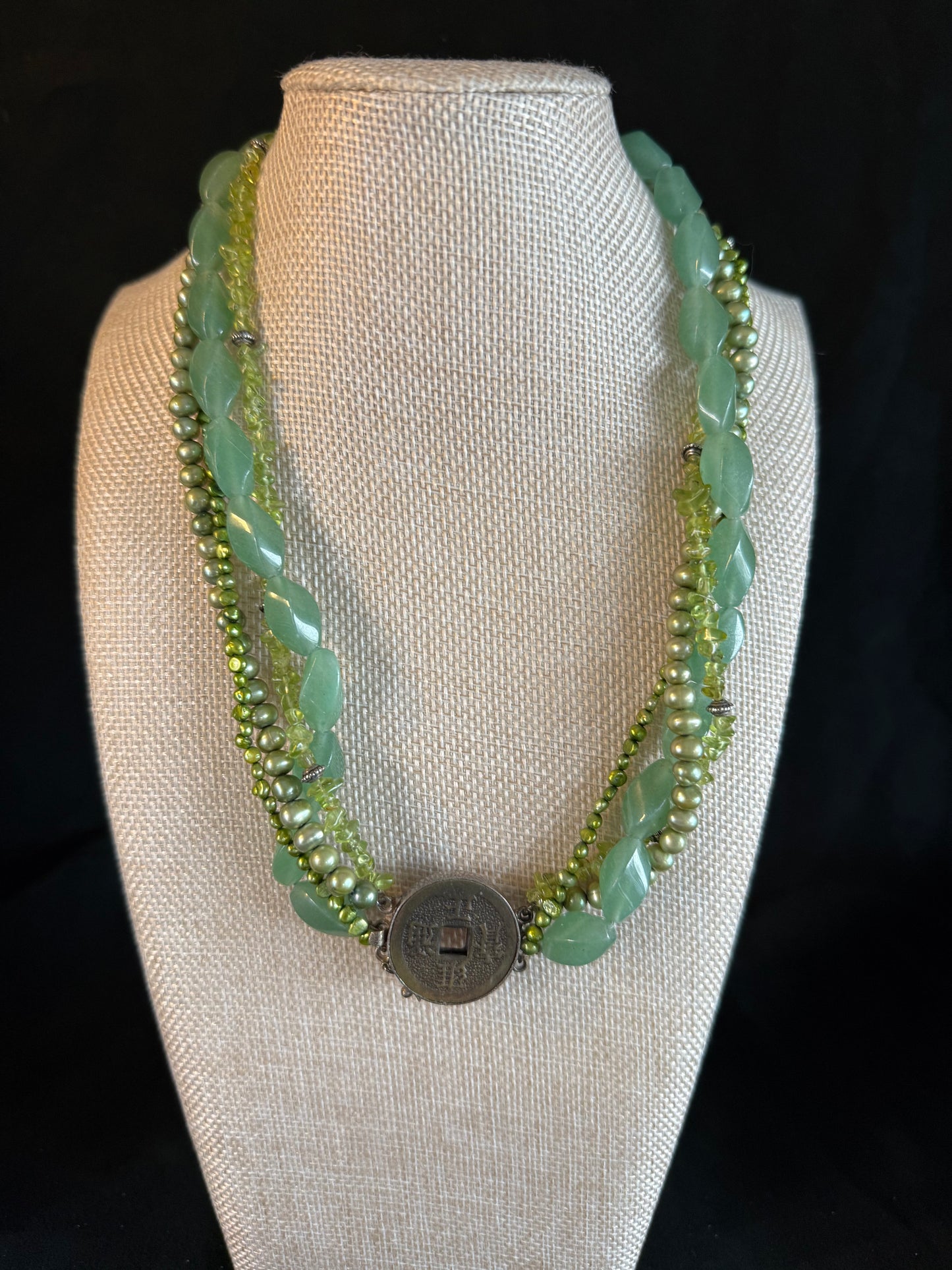Green Agate, Pearls and Sterling Necklace