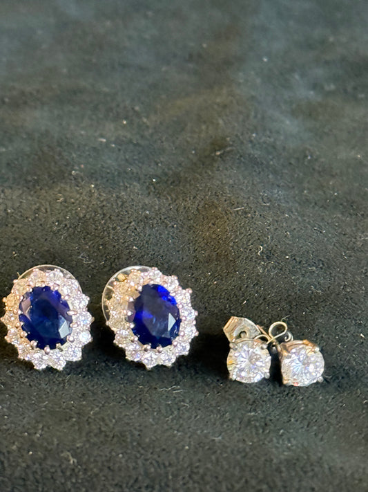 Simulated Sapphire and CZ Earrings in Sterling Silver