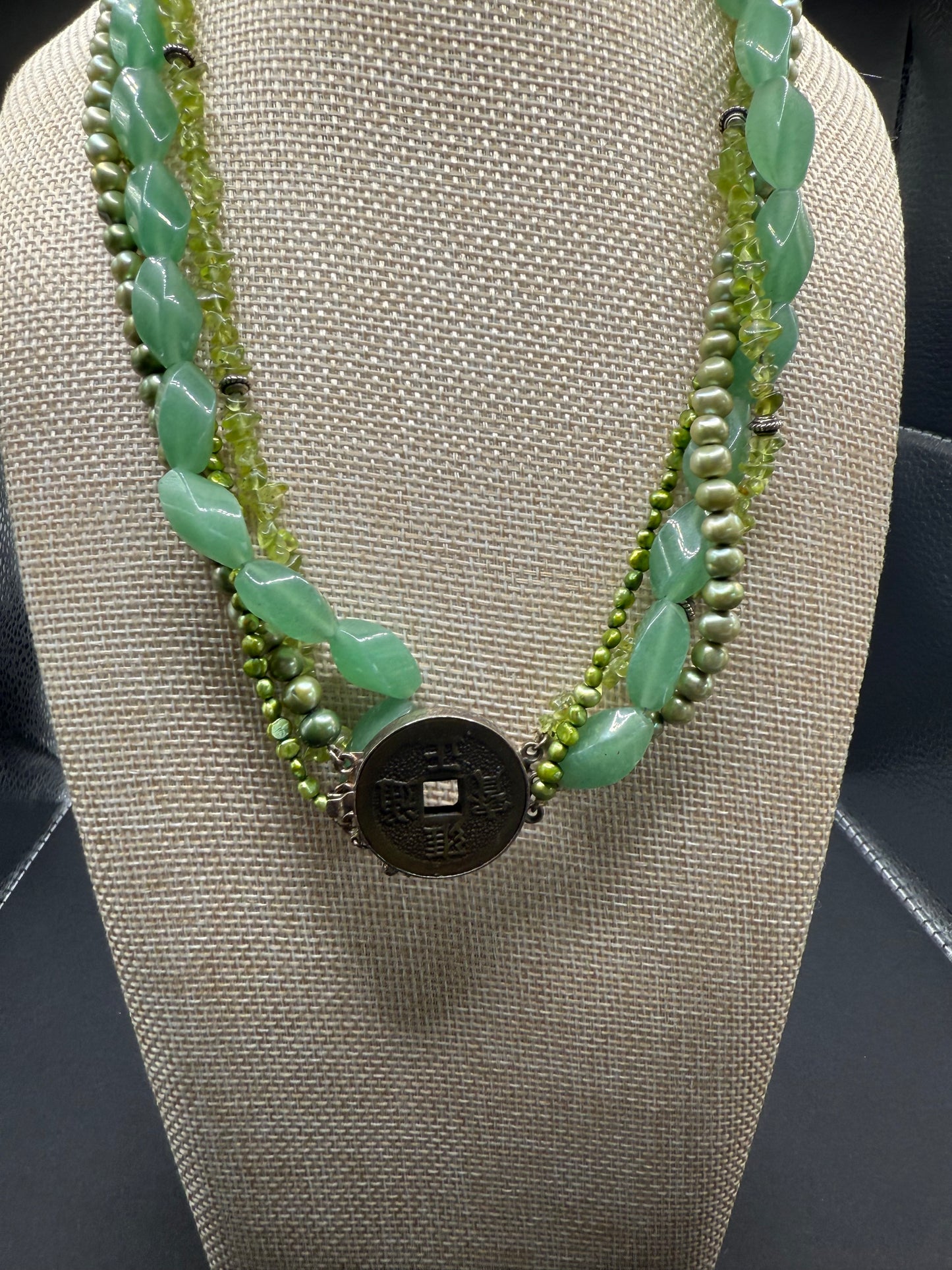 Green Agate, Pearls and Sterling Necklace