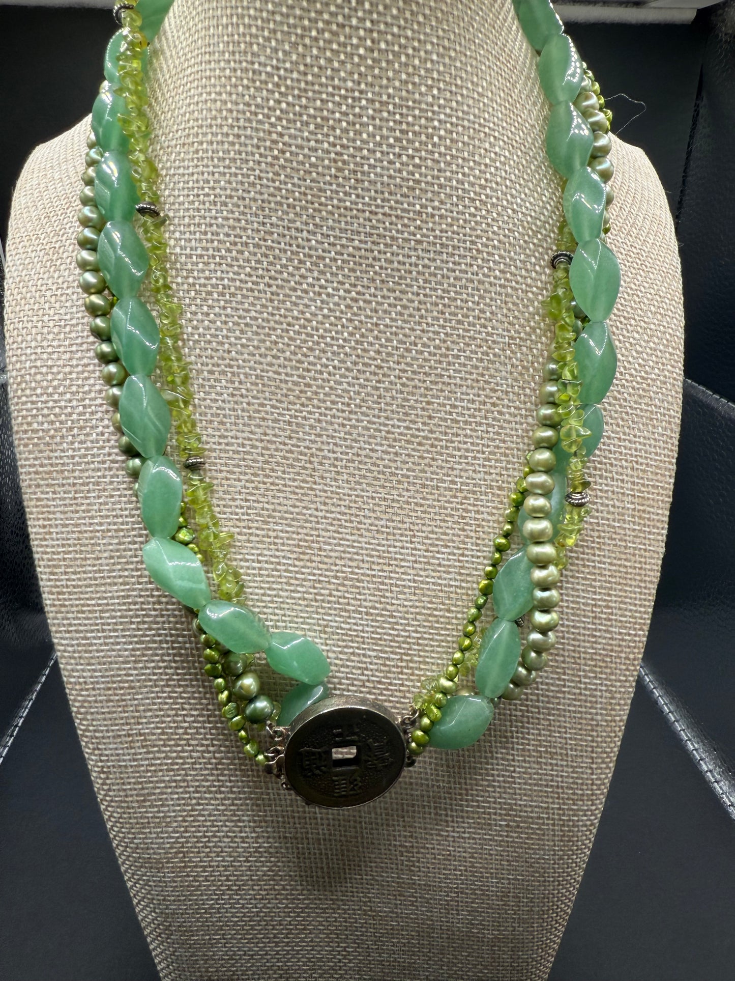 Green Agate, Pearls and Sterling Necklace