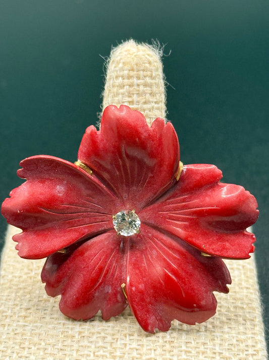 Nolan Miller red lucite and crystal flower brooch pin