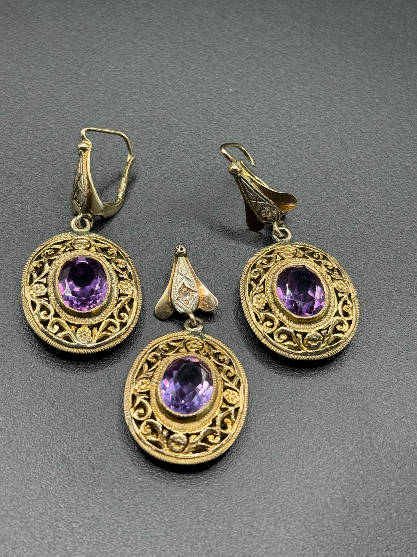 Vintage Amethyst and Gold Earrings/ Pendant Set