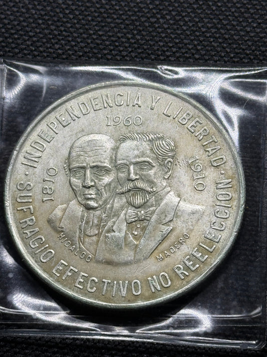1960 Mexico Diez 10 Pesos .900 Silver 150th Anniv. War Independence Coin