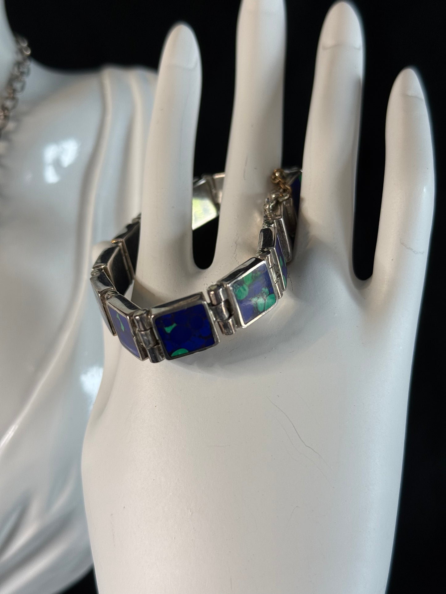 Vintage Azurite Necklace Sterling Silver Blue & Green Stones 18" Long Chain, Bracelet & Earrings