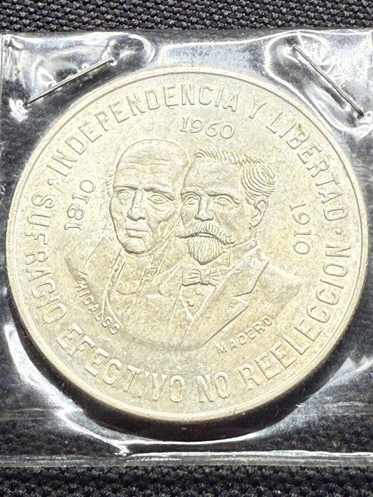 1960 Mexico Diez 10 Pesos .900 Silver 150th Anniv. War Independence Coin