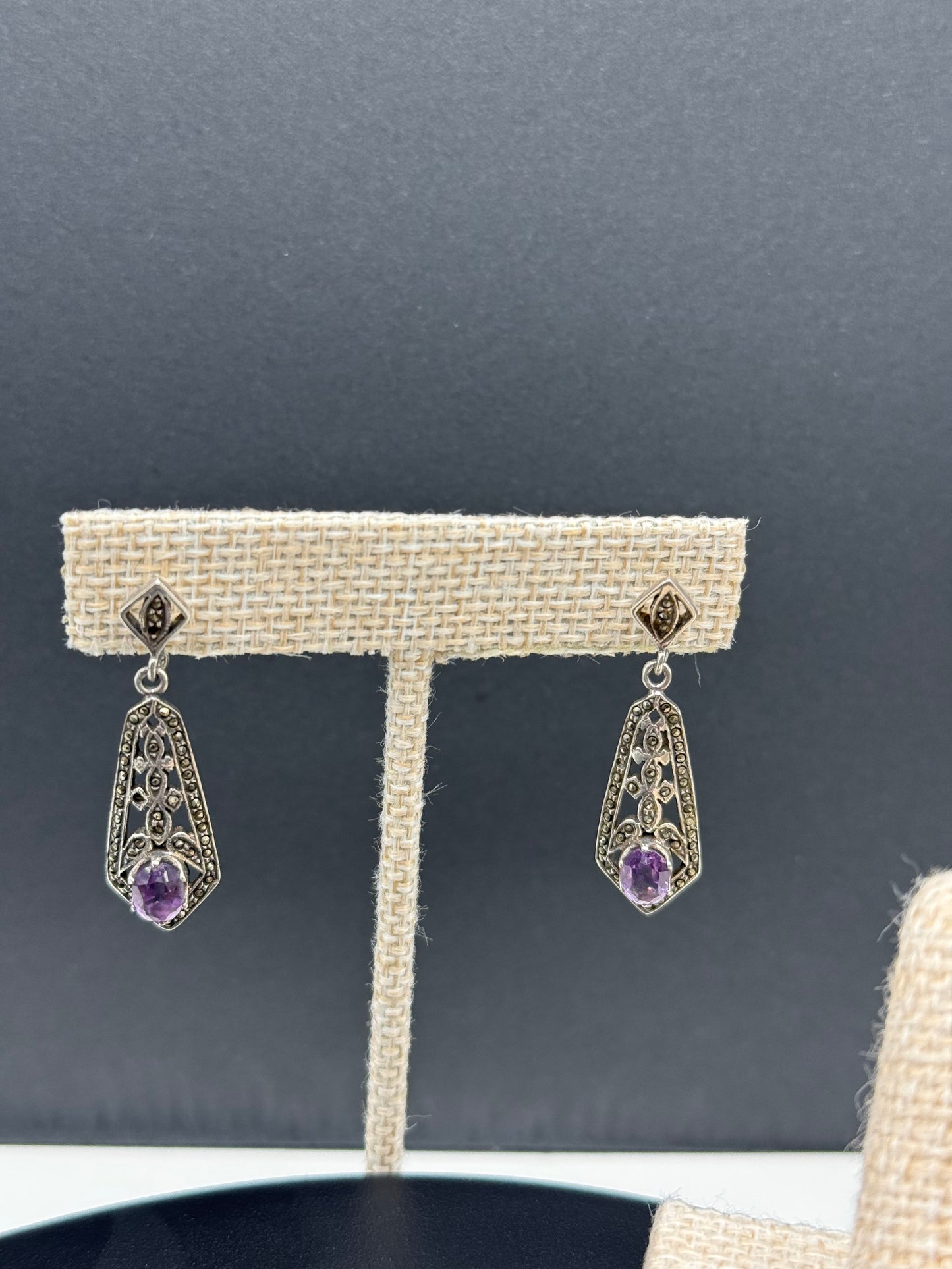 Marcasite and Amethyst 925 Silver Set. Bracelet, Earrings, Ring & Pendant