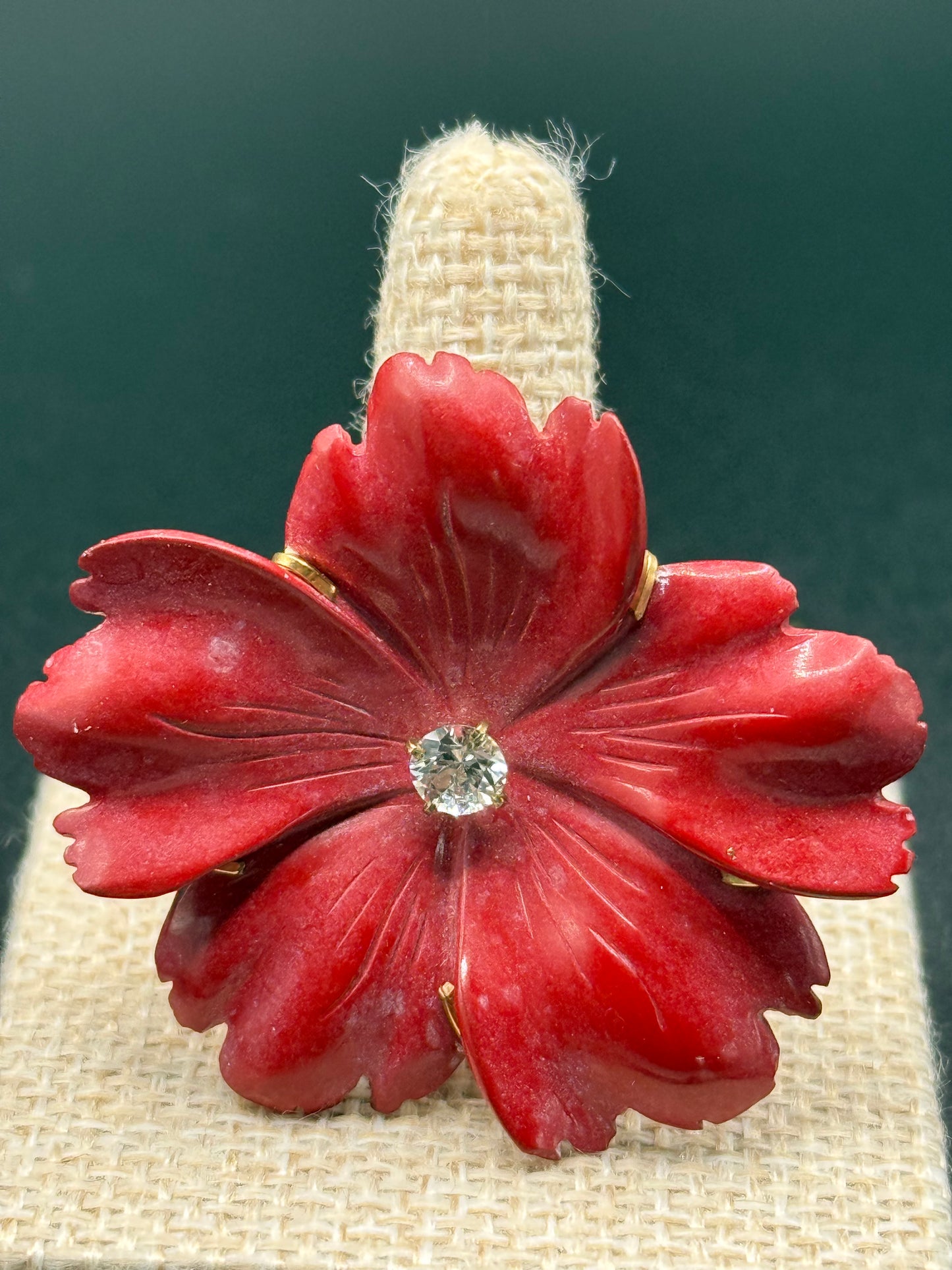 Nolan Miller red lucite and crystal flower brooch pin