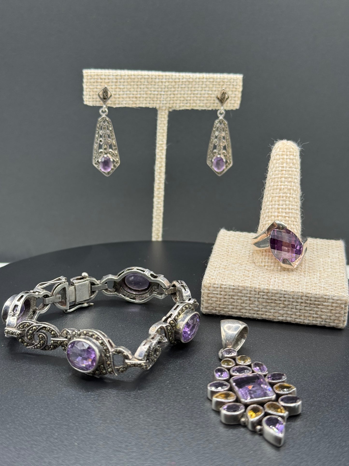 Marcasite and Amethyst 925 Silver Set. Bracelet, Earrings, Ring & Pendant