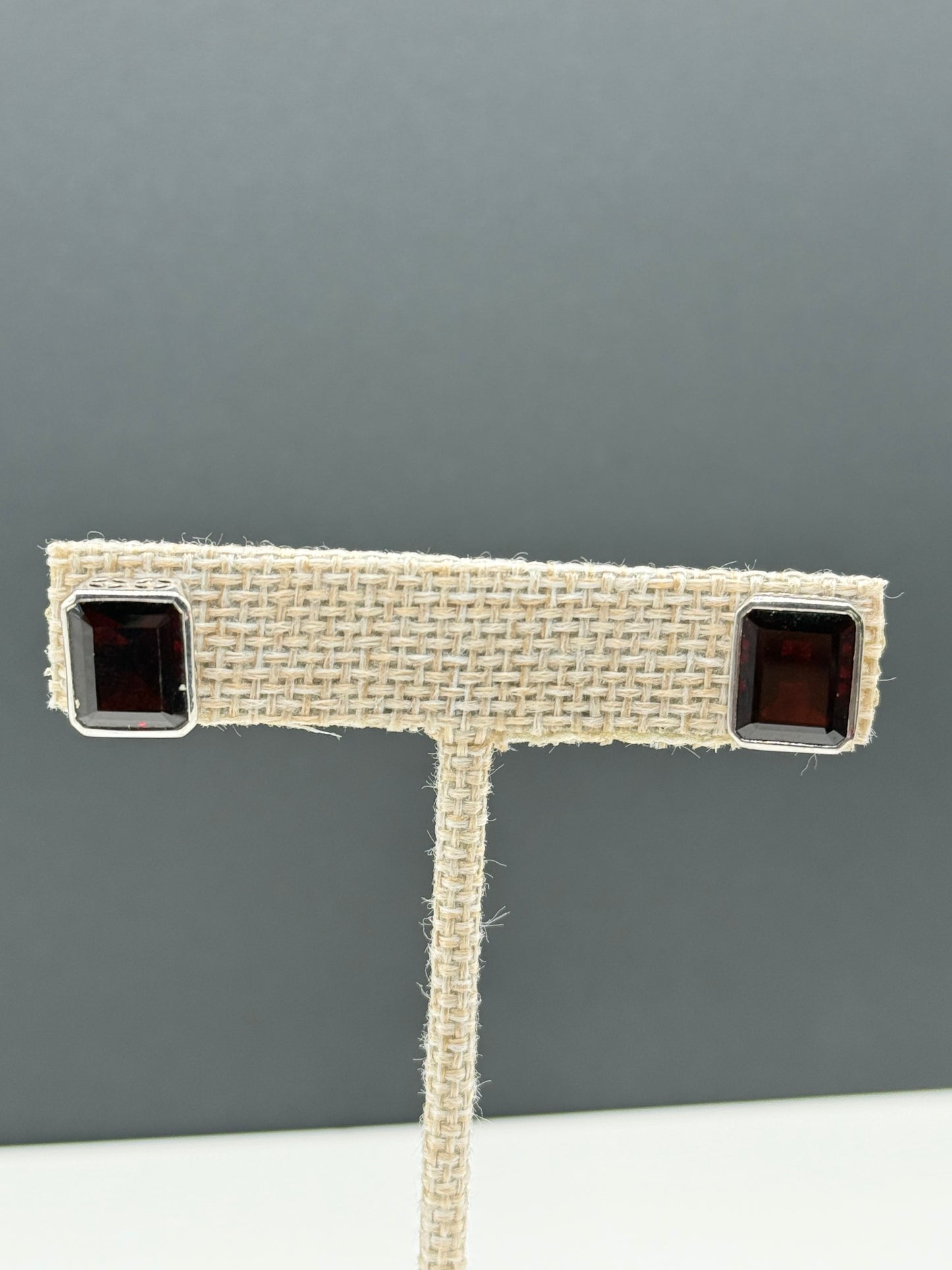 Emerald Cut Garnet and Sterling Earrings