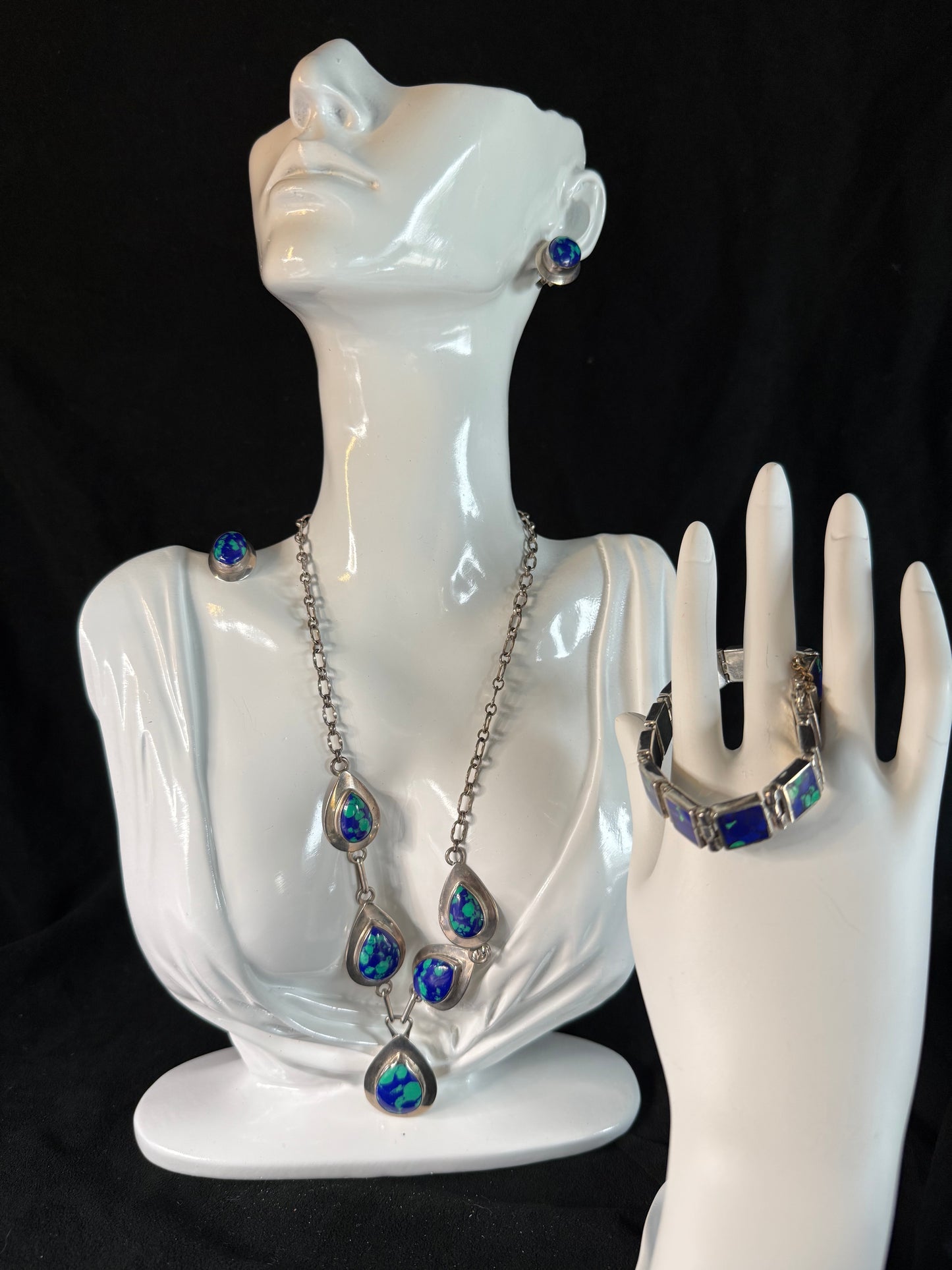Vintage Azurite Necklace Sterling Silver Blue & Green Stones 18" Long Chain, Bracelet & Earrings