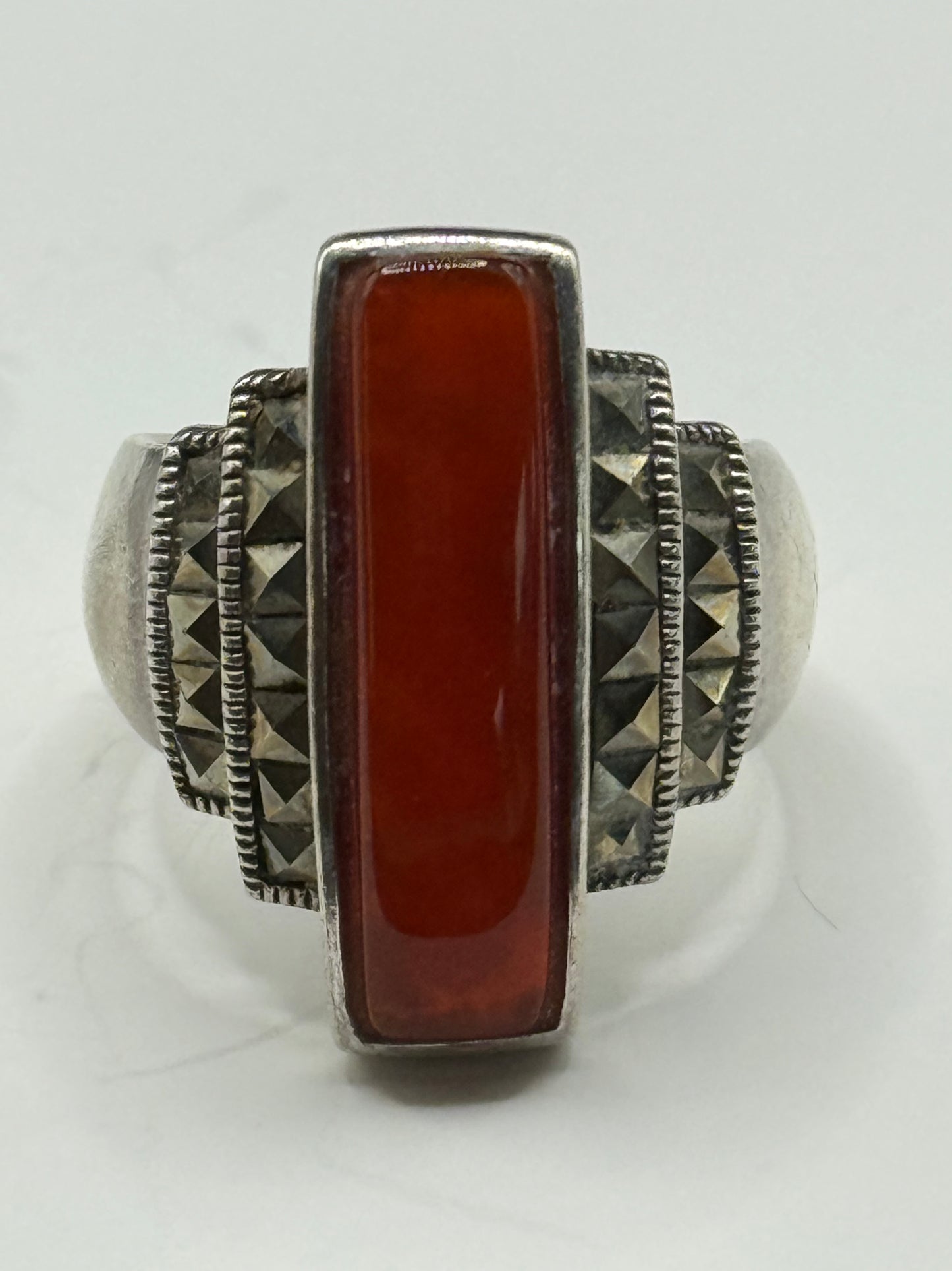 Art Deco Fadi Sterling Silver Ring with Carnelian Stone