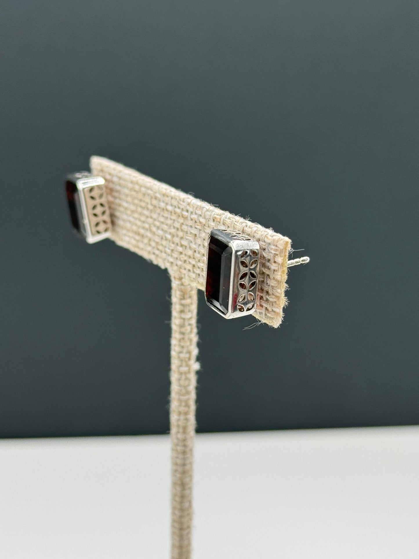 Emerald Cut Garnet and Sterling Earrings