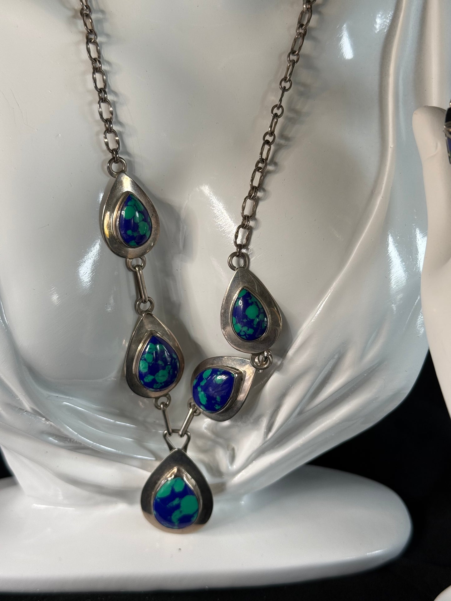 Vintage Azurite Necklace Sterling Silver Blue & Green Stones 18" Long Chain, Bracelet & Earrings