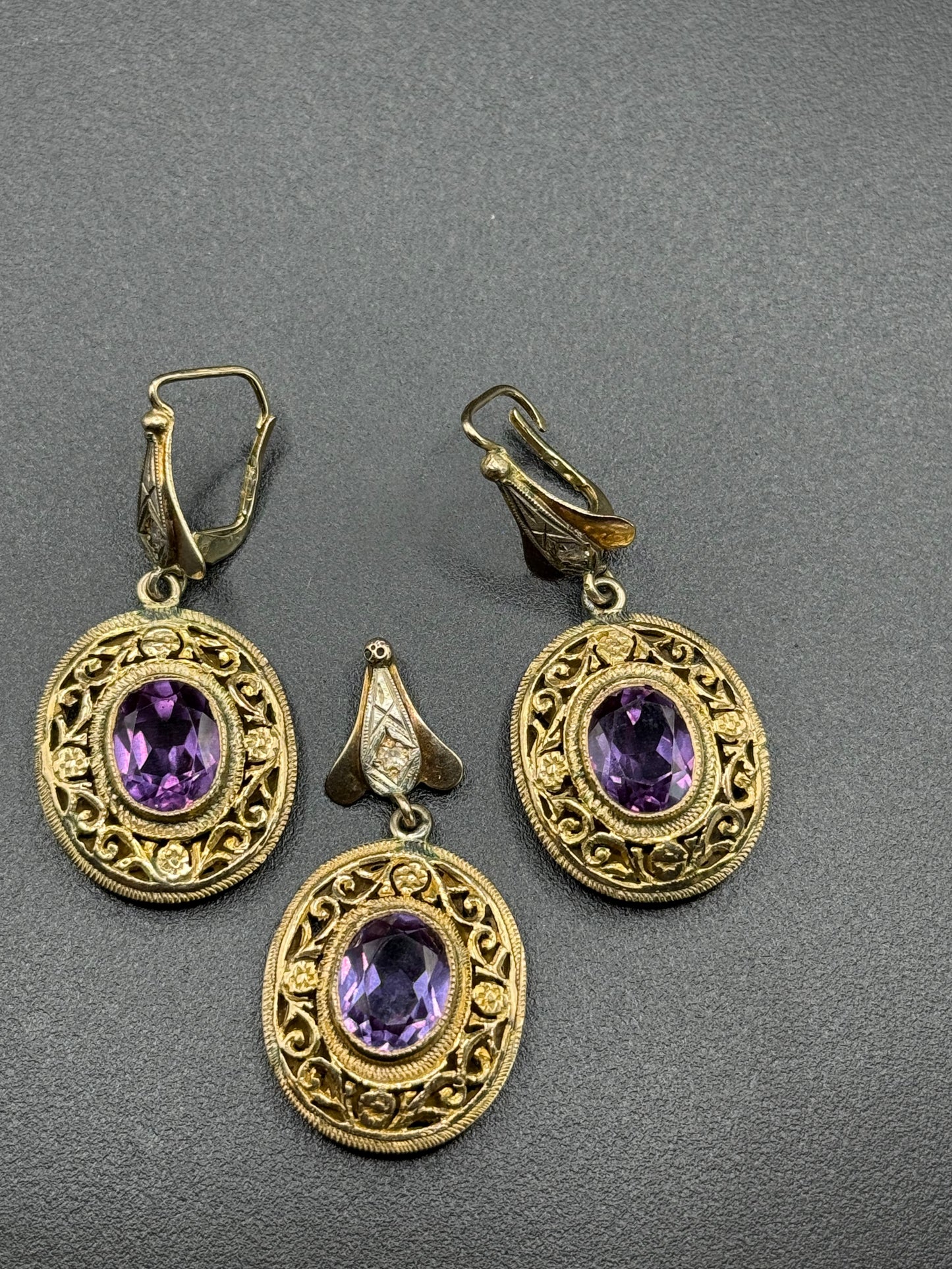 Vintage Amethyst and Gold Earrings/ Pendant Set